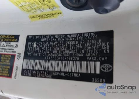 2011 Toyota Camry Le из США, поврежденный, VIN 4T4BF3EK1BR198376